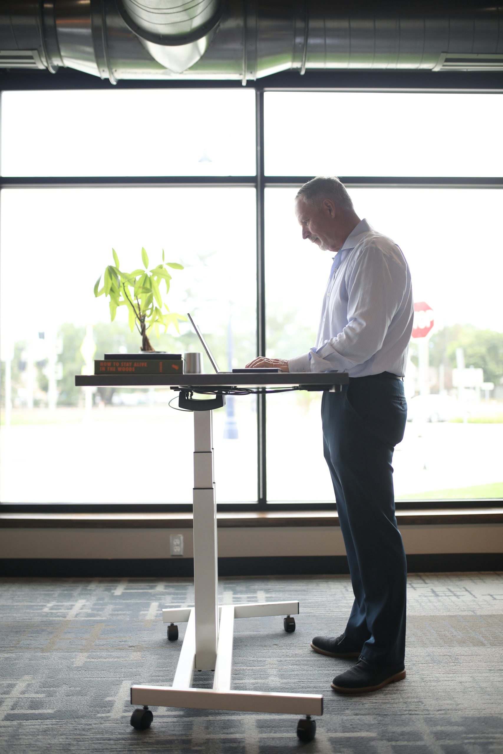 person standing at desk